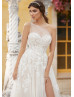 One Shoulder Beaded Ivory Lace Tulle Slit Charming Wedding Dress